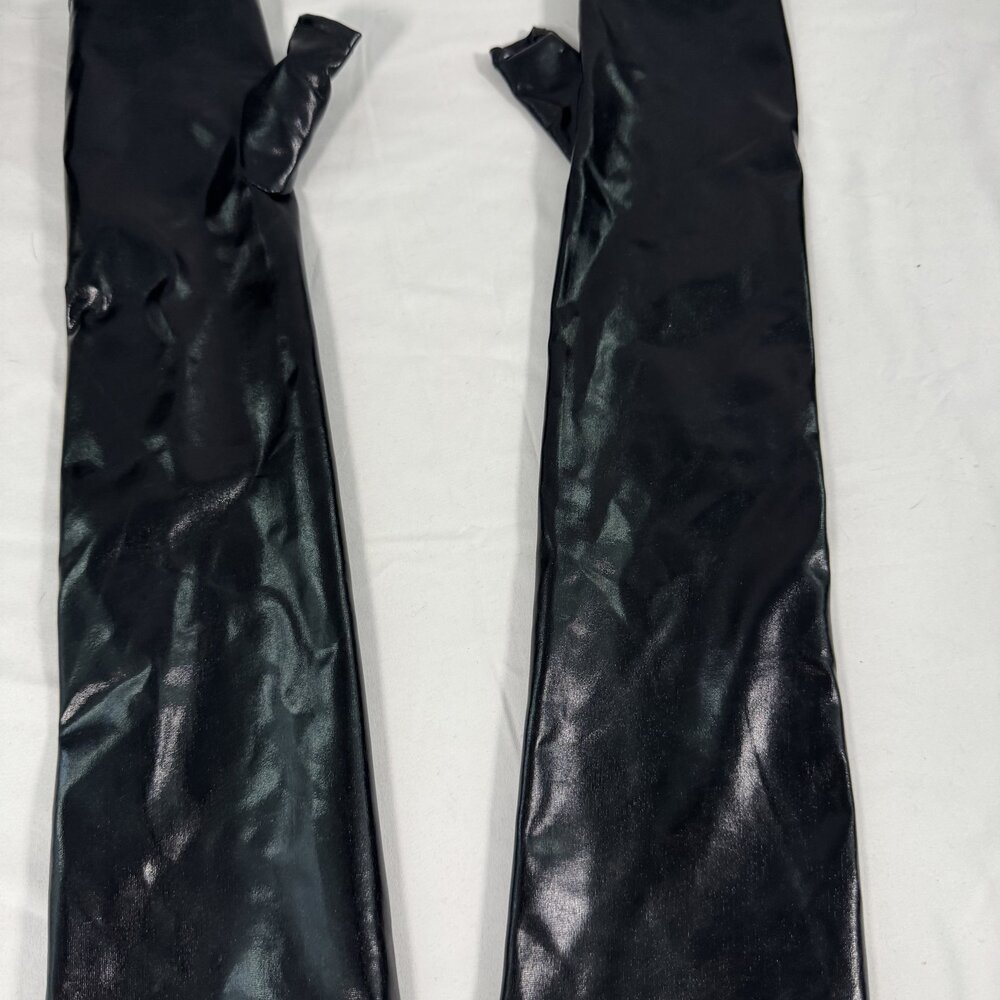 Black Shiny Wet Look Vinyl Long Sleeves Arm Warmers Gloves Pair Costume Goth